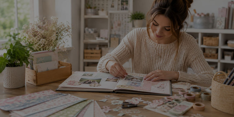 A woman in a cream knit sweater sits at a wooden table, looking through a scrapbook or photo album. The table is covered with craft supplies, including patterned papers, small rolls of tape, and scissors, in a softly lit craft room with shelves and potted plants in the background.