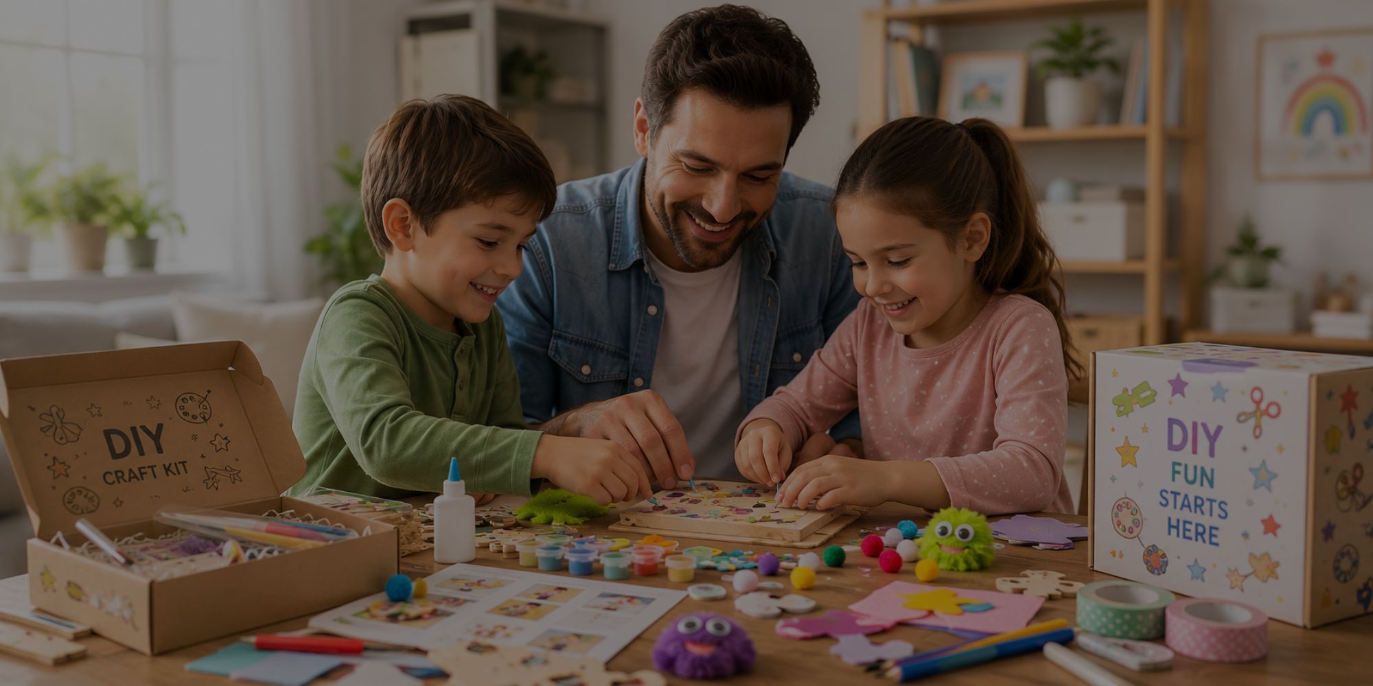 A father and two children are happily making crafts together at a table, surrounded by a DIY craft kit box, colorful supplies, and a 'DIY FUN STARTS HERE' box in a bright, cozy room.