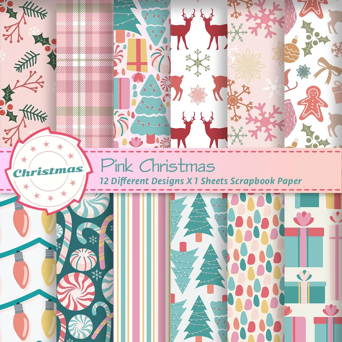 12-Piece Retro Christmas Tree Scrapbook Craft Paper